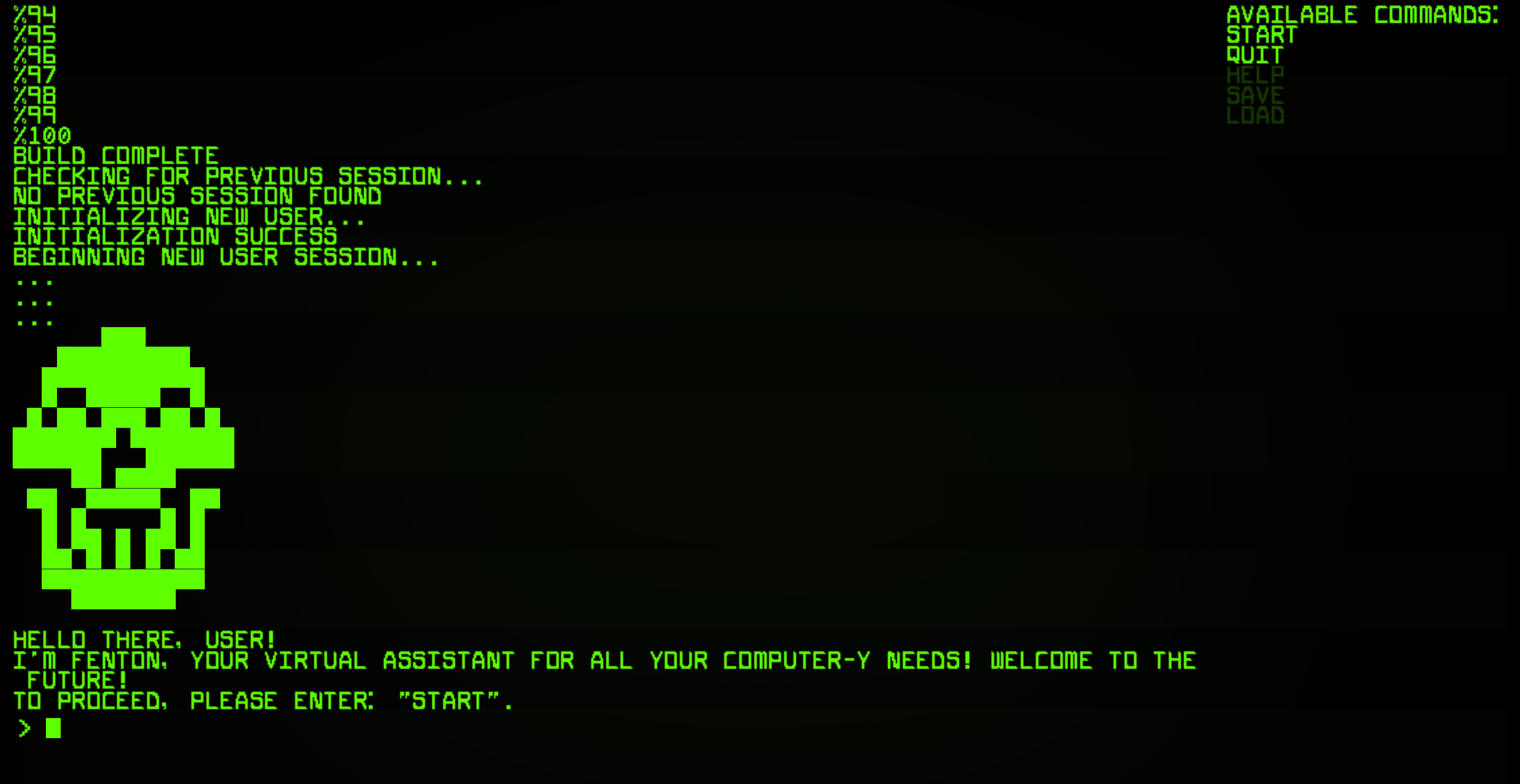 The Framework's command terminal at startup, green text on black beside a skull drawn in ASCII
