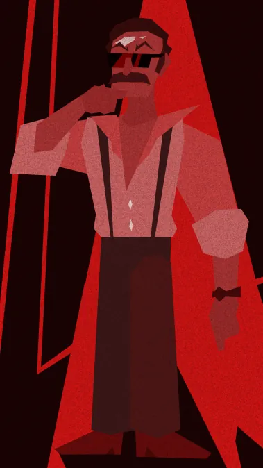 A stylized man with sunglasses and suspenders against red geometry