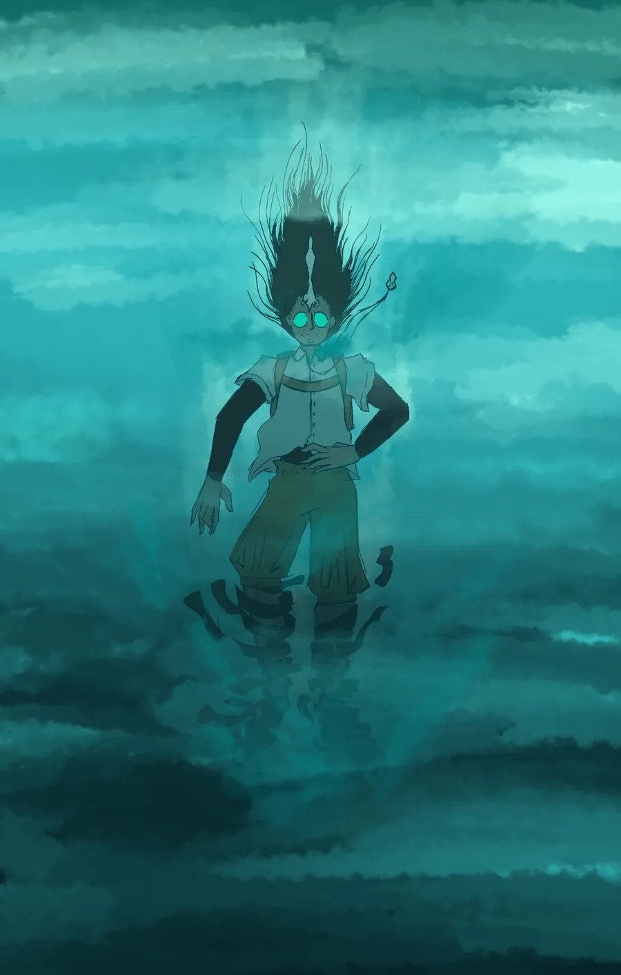 A figure standing underwater with glowing eyes and hair drifting upward