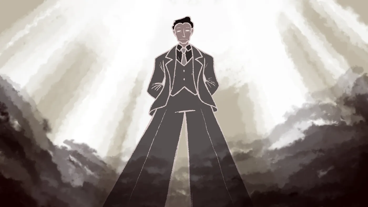 A man in a long coat standing in a shaft of light