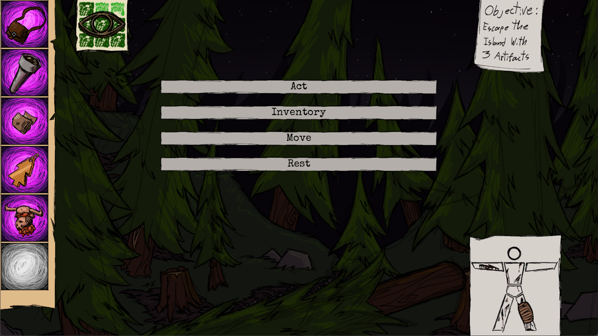Wesley's survival status panel open in front of the island's dark forest