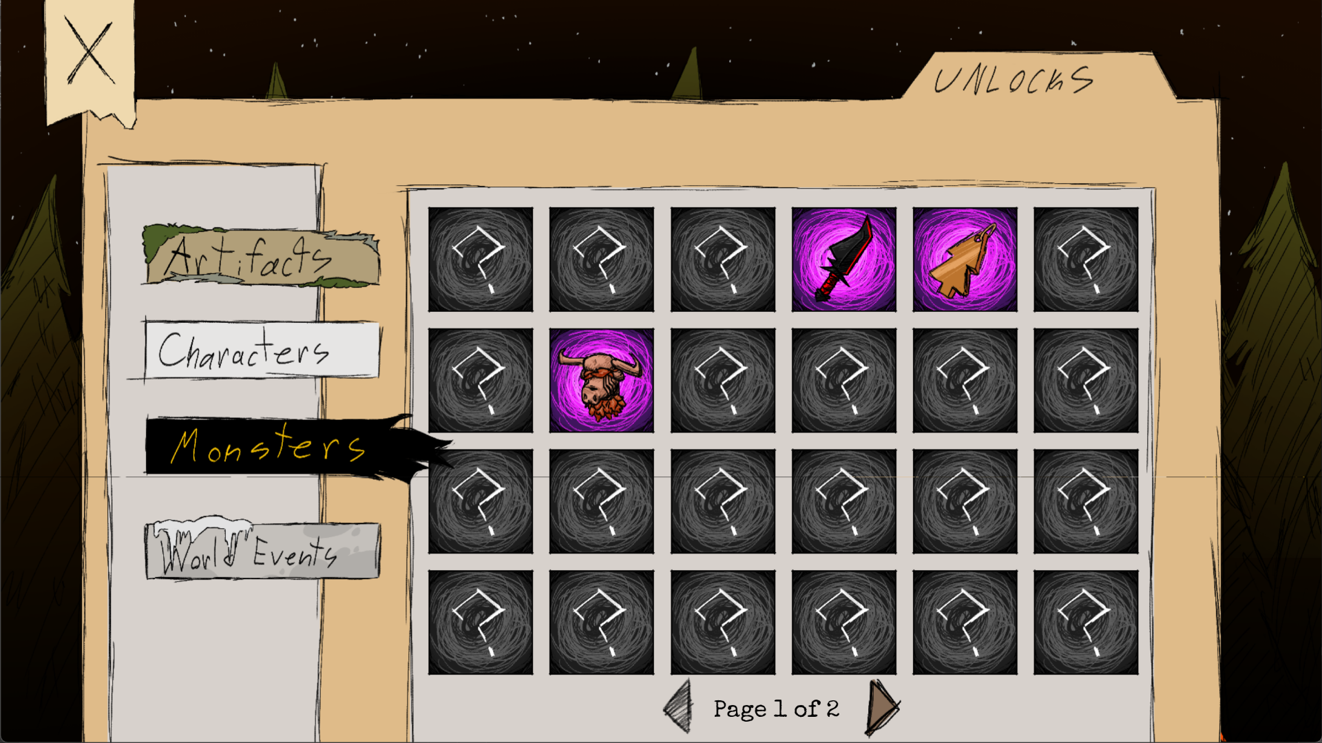 The artifact collection screen showing unlocked and locked entries